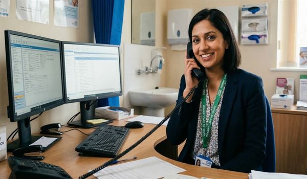 a female pharmacist in a clinical office setting within a GP surgery, seated at a desk with a computer, and speaking on the phone.
