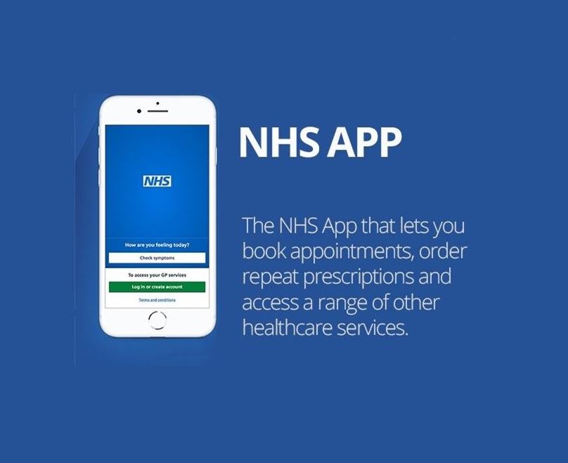 the NHS logo, the NHS App on a mobile phone and the words theh NHS App lets you book akppointments, order repeat prescriptions and access a range of other healthcare services. 