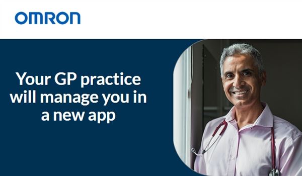 The Omron logo, a smiling middle aged man and the words, your GP practice will manage you in a new app