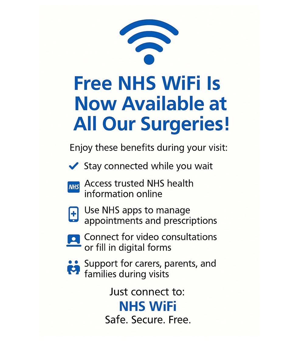 a WiFi icon and the words Free NHS WiFi is Now Available at All Our Surgeries!