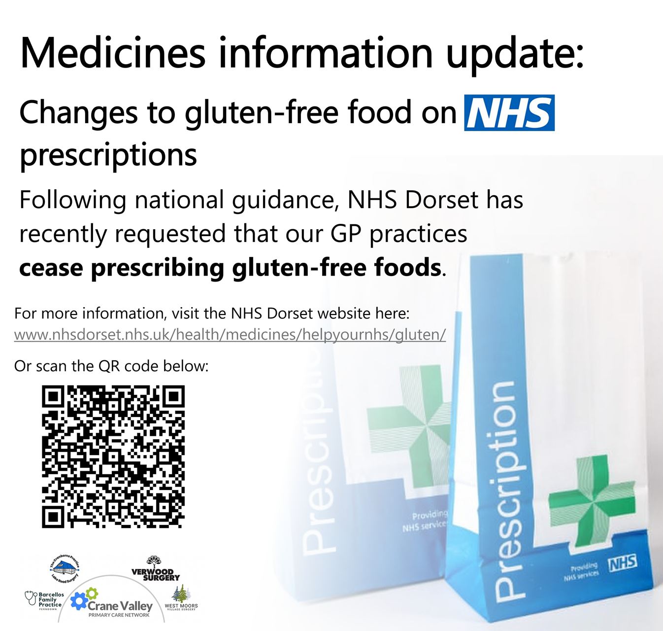 A picture of prescription bag and the words, Medicines information update:  changes to gluten free food on NHS presciptions.  A QR code and website address to find out more information is included above the logo of the PCN and all the GP Practices in the network. 