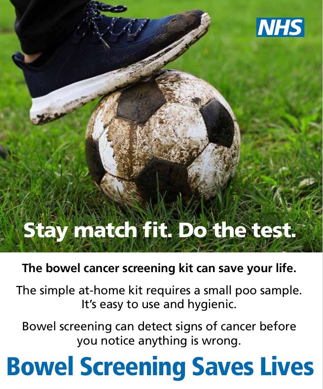 NHS campaign graphic showing a muddy football on green grass with a person's foot resting on top of it. Text overlay reads: "Stay match fit. Do the test. Bowel Screening Saves Lives."