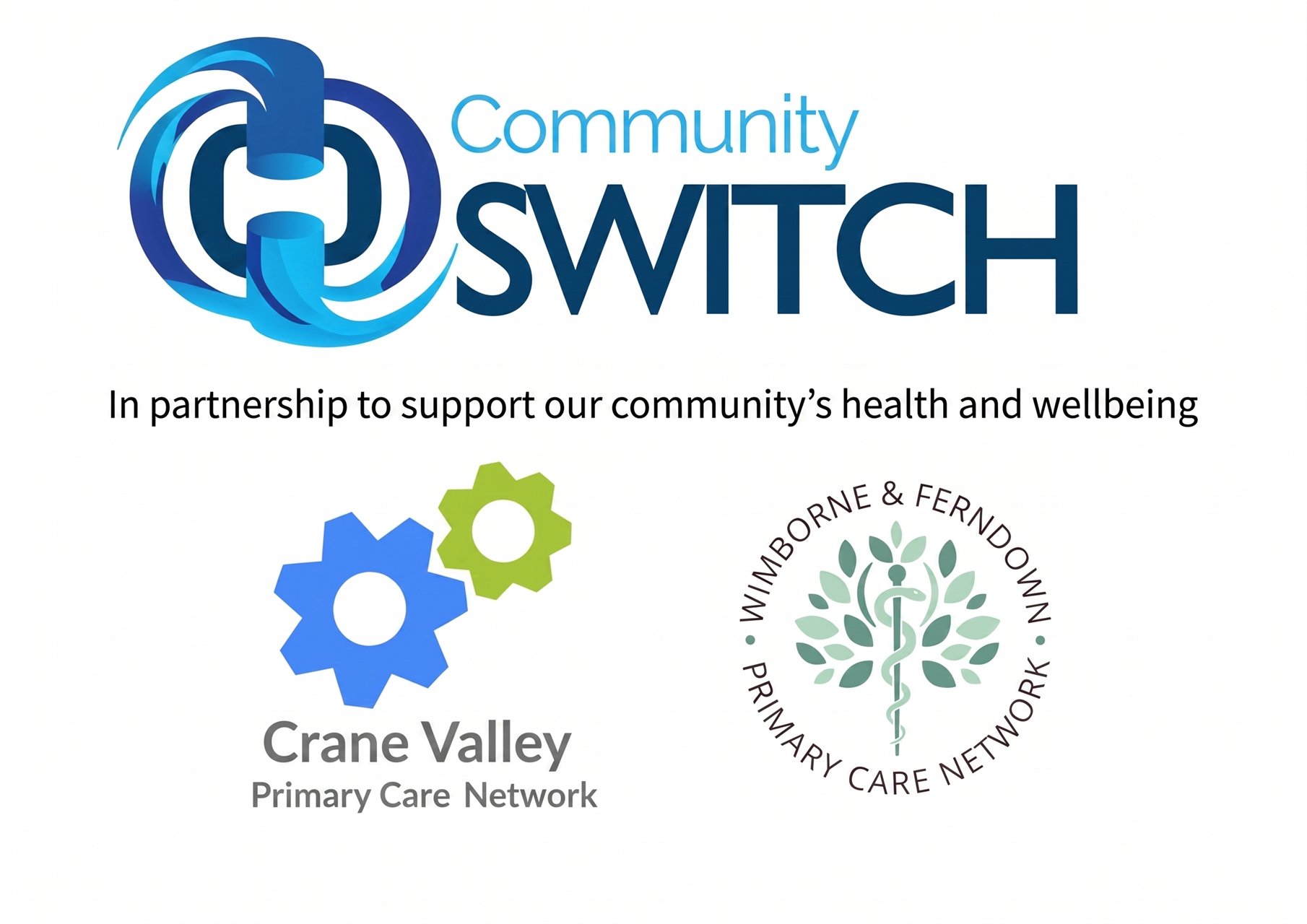 The Community SWITCH, Crane Valley PCN and Wimborne and Ferndown PCN logos and the words in partnership to support our community's health and wellbeing